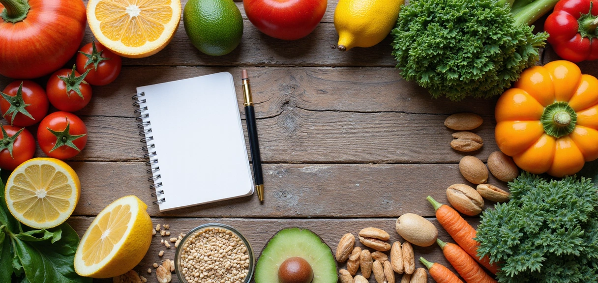 A vibrant flat lay of various healthy foods like fruits, vegetables, nuts, and grains, arranged aesthetically on a rustic wooden table, representing nourishment and knowledge.