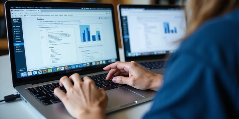 A person typing on a laptop with several open browser tabs, symbolizing research, learning, and searching for information online.