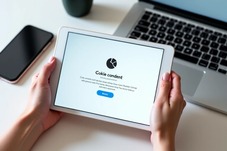 A person's hand holding a tablet with cookie consent pop-up, surrounded by various digital devices