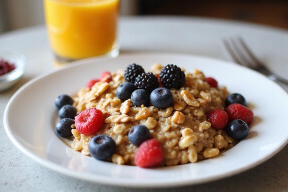 Image of a balanced breakfast with fruits and oats
