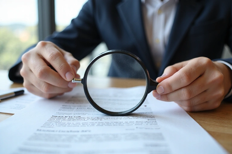 Person reading a legal document with a magnifying glass